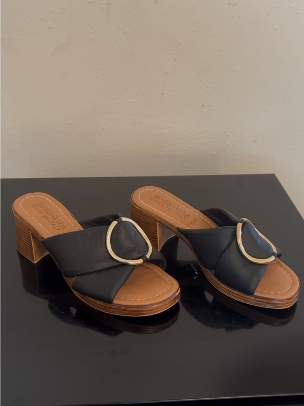 Bella Vita Black Leather Slide Mules (wedges) with Gold Accent